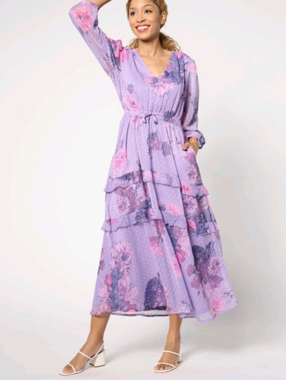 🌼B2G1🌼 Destination 365 Tiered Floral Maxi Dress in Lilac with Drawstring Waist